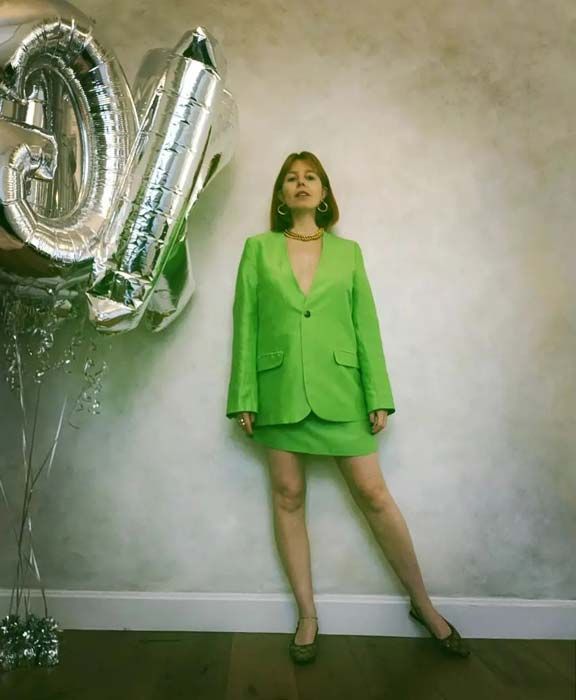 stacey dooley lime green suit