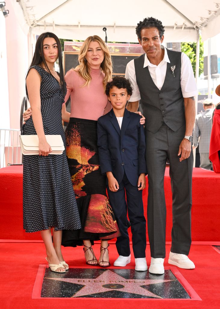Stella Luna Ivery, Ellen Pompeo, Eli Ivery, Chris Ivery at the ceremony honoring Ellen Pompeo with a star on the Hollywood Walk of Fame on April 29, 2025 in Hollywood, California