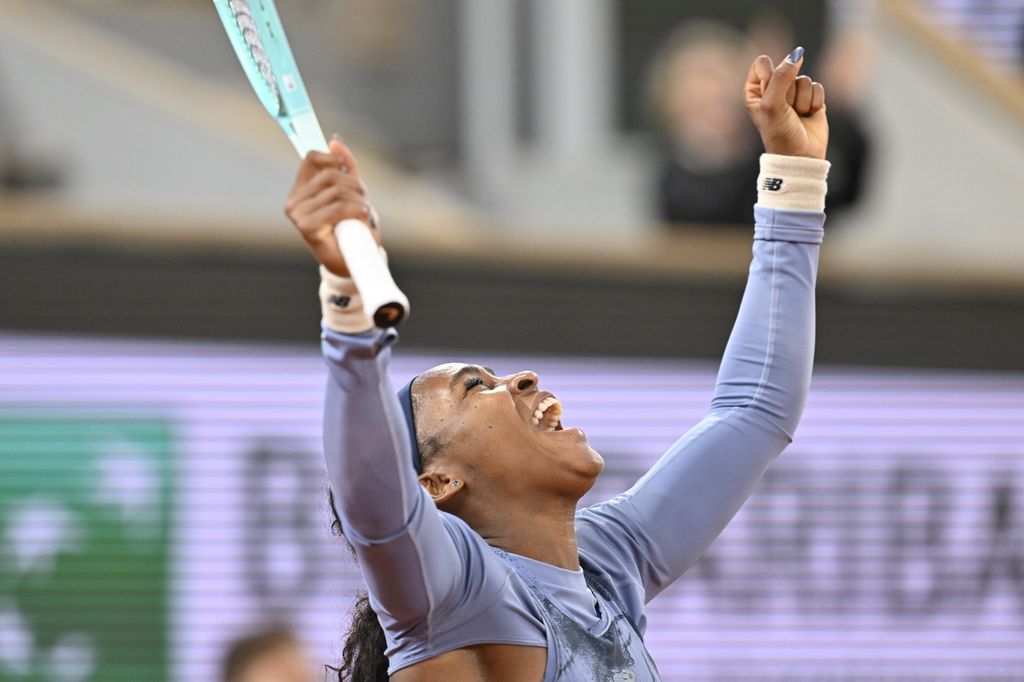 Coco Gauff of US celebrates after defeating Madison Keys 