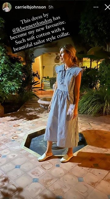 Carrie Johnson looks great on vacation in a striped dress from LK Bennett