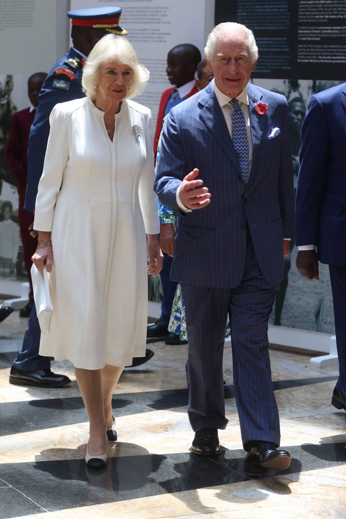 Queen Camilla and King Charles and Kenyan President William Ruto walking during a visit to the museum at Uhuru Gardens in Nairobi 