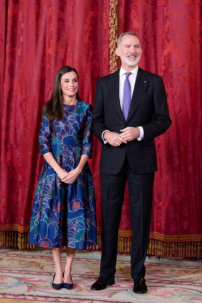 King Felipe and Queen Letizia in floral dress at the palace