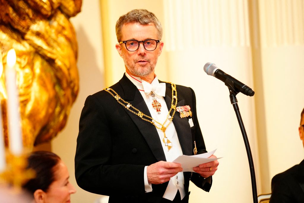 King Frederik X delivers his speech during a gala dinner at the Presidential Palace in Helsinki, Finland