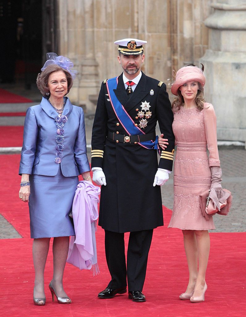 Spain's Prince Felipe arriving for Princess Kate's wedding with Princess Letizia and Queen Sofia