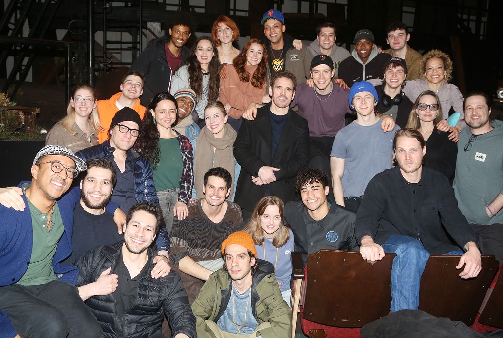 Angelina Jolie, Vivienne Jolie-Pitt, Original film star Matt Dillon, Director Danya Tamor, Book Writer Adam Rapp pose with the cast and company backstage at the new musical based on the classic book "The Outsiders" on Broadway at The Bernard B. Jacobs Theatre on April 3, 2024 in New York City
