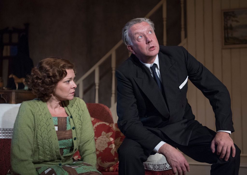 Finty Williams as Barbara, Jasper Britton as Stewart
in 'Pack of Lies' at the Menier Chocolate Factory Theatre, London
