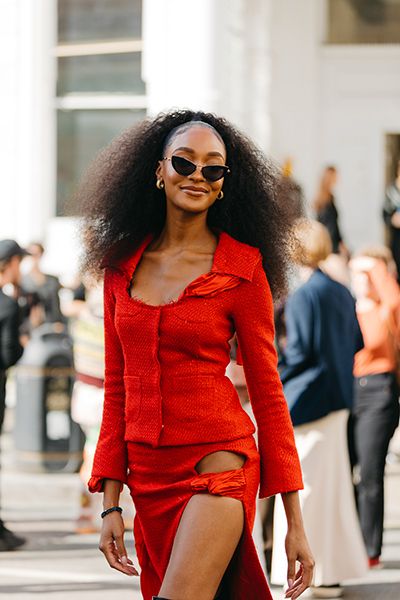 LFW Street Style Red Tweed Suit Co Ord
