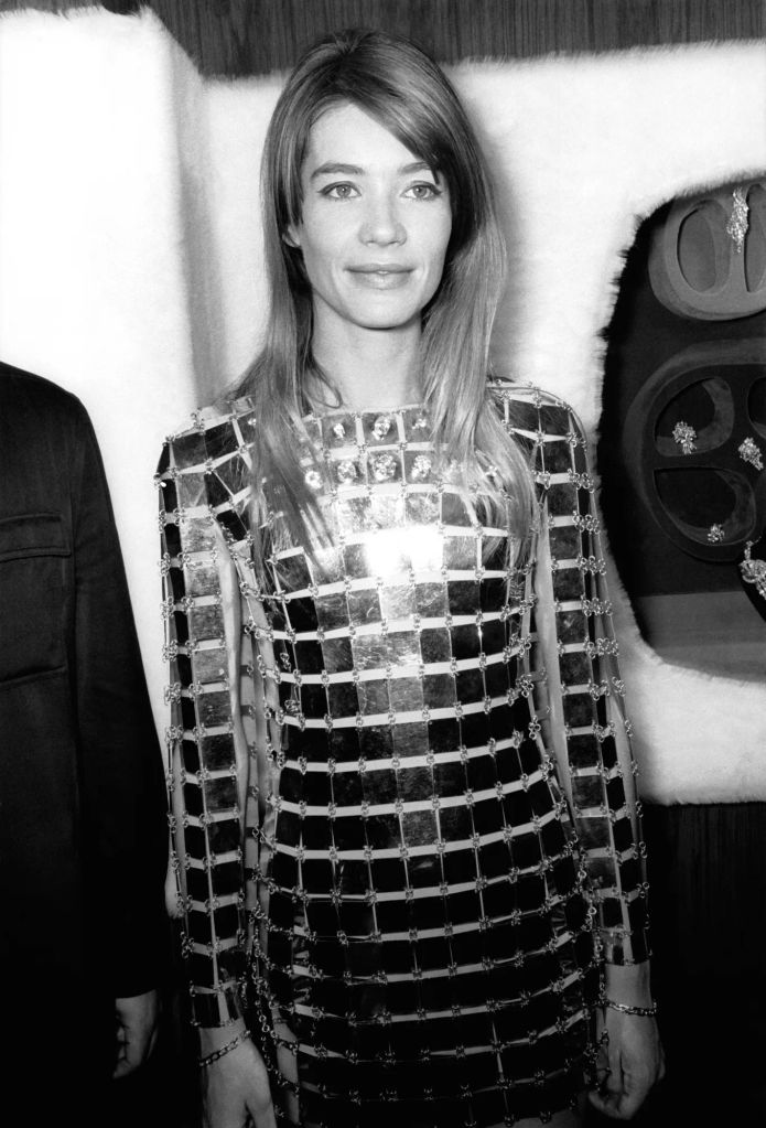 Françoise Hardy in Paco Rabanne's gold and diamond dress in May 1968