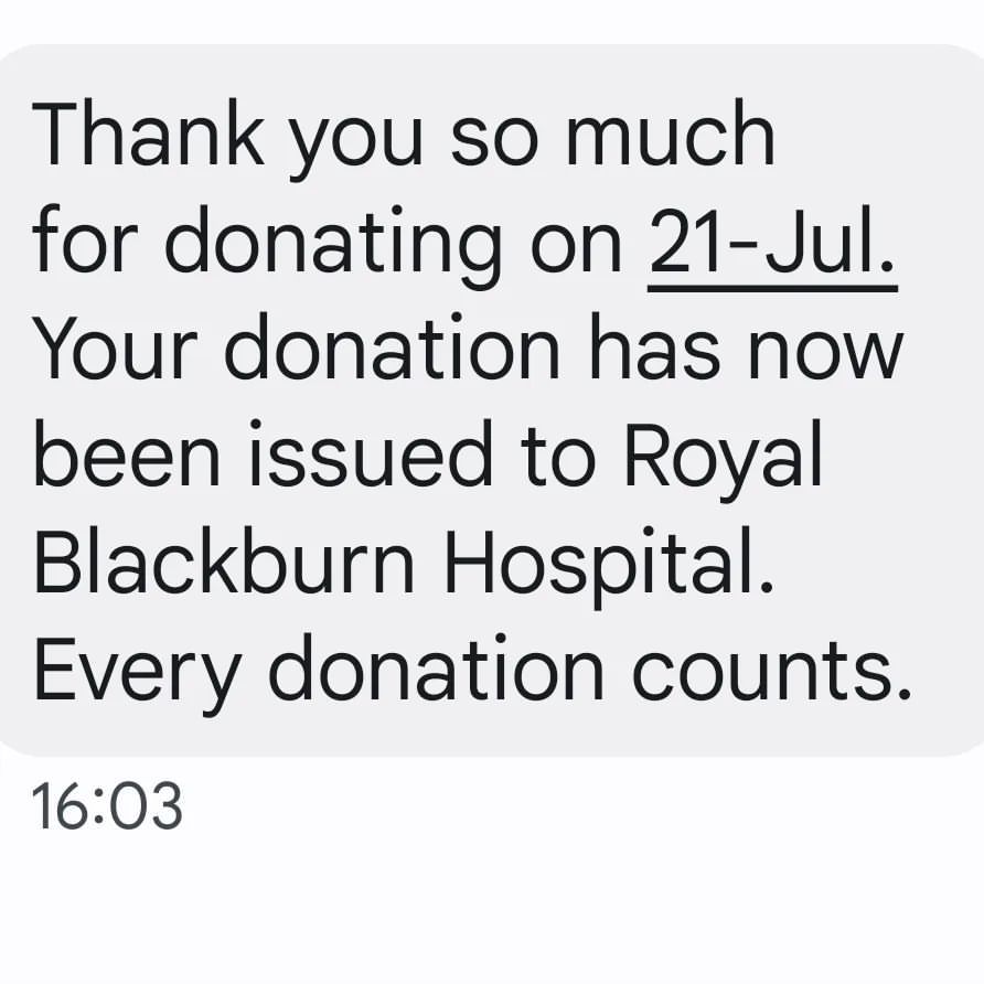 Naga Munchetty's screenshot of a thank you text for donating blood in July