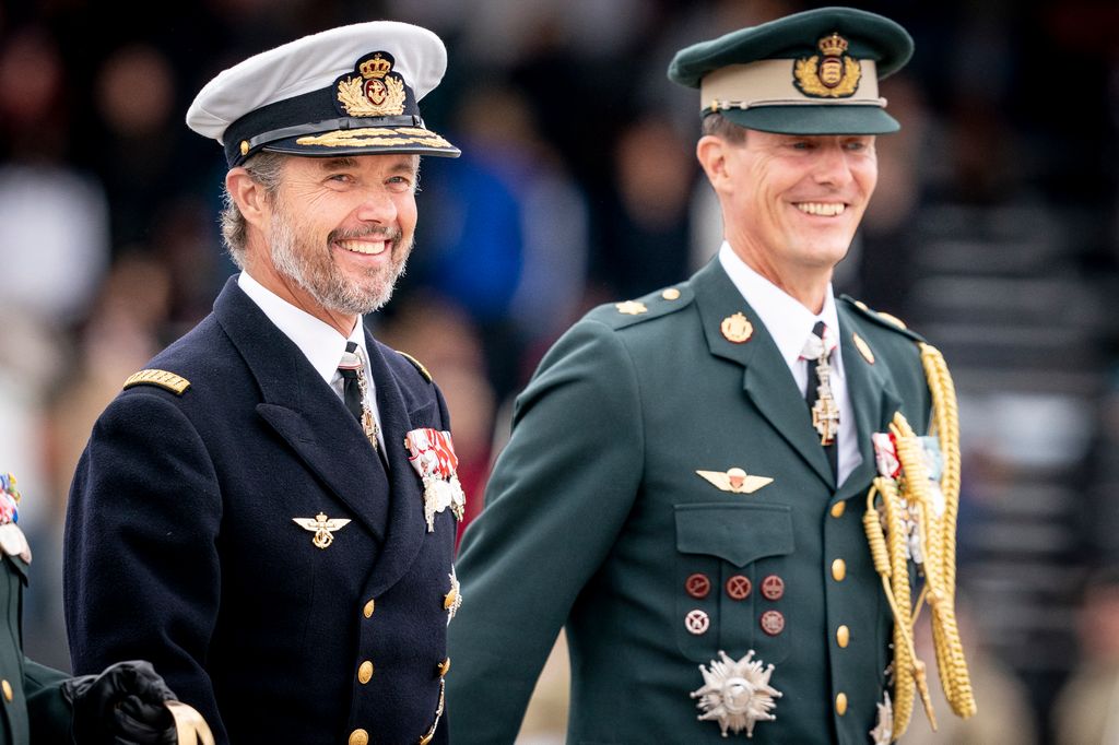 Crown Prince Frederik of Denmark (L) and Prince Joachim of Denmark attend festivities of the Danish Army to celebrate the 50th regency jubilee of their mother Queen Margrethe II of Denmark