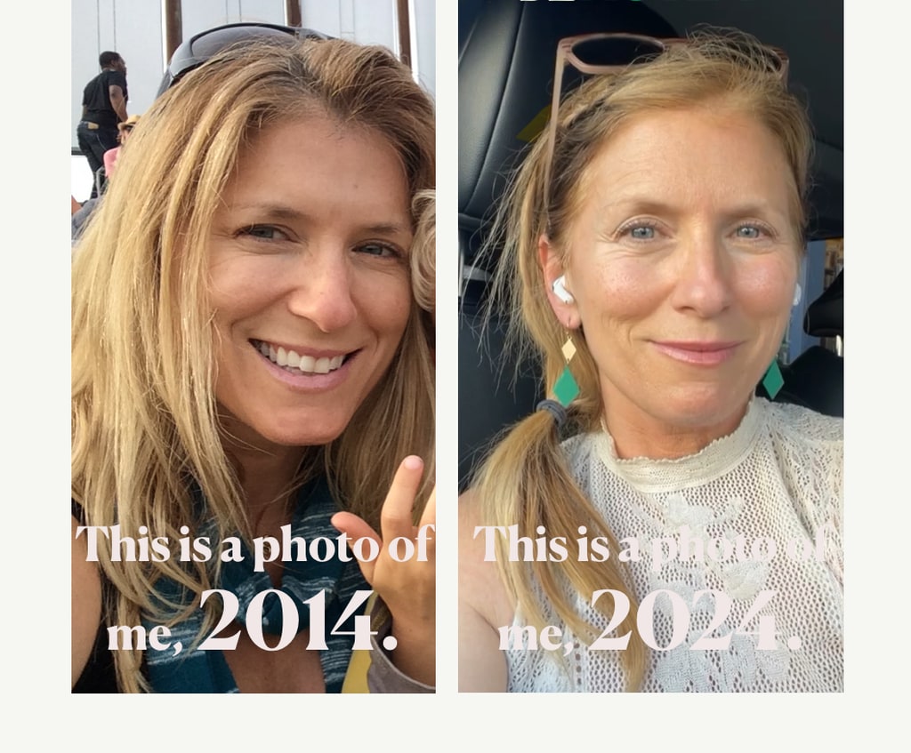 side by side photo of a woman in 2014 and 2024 showing how little she has aged in the decade