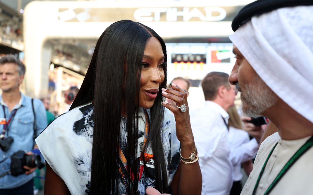Naomi Campbell seen during the F1 Grand Prix of Abu Dhabi with a huge diamond ring on her wedding finger