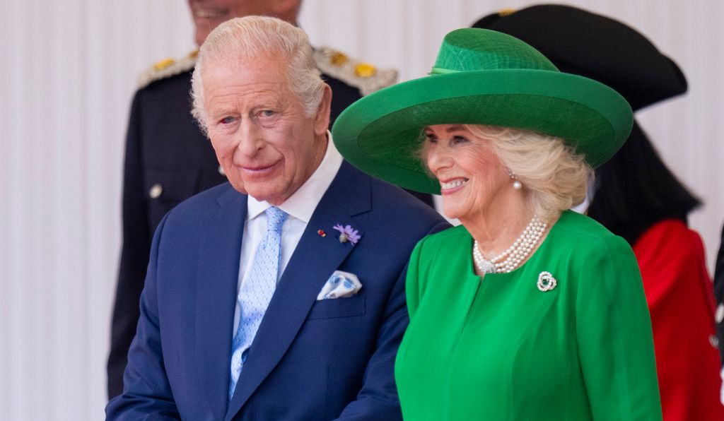  King Charles III and Queen Camilla during the formal welcome at the Royal Dais on July 8, 2025 in Windsor, England