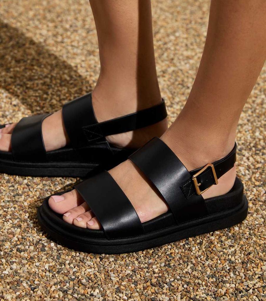 New Look Wide Fit Black Leather-Look 2 Part Chunky Sandals