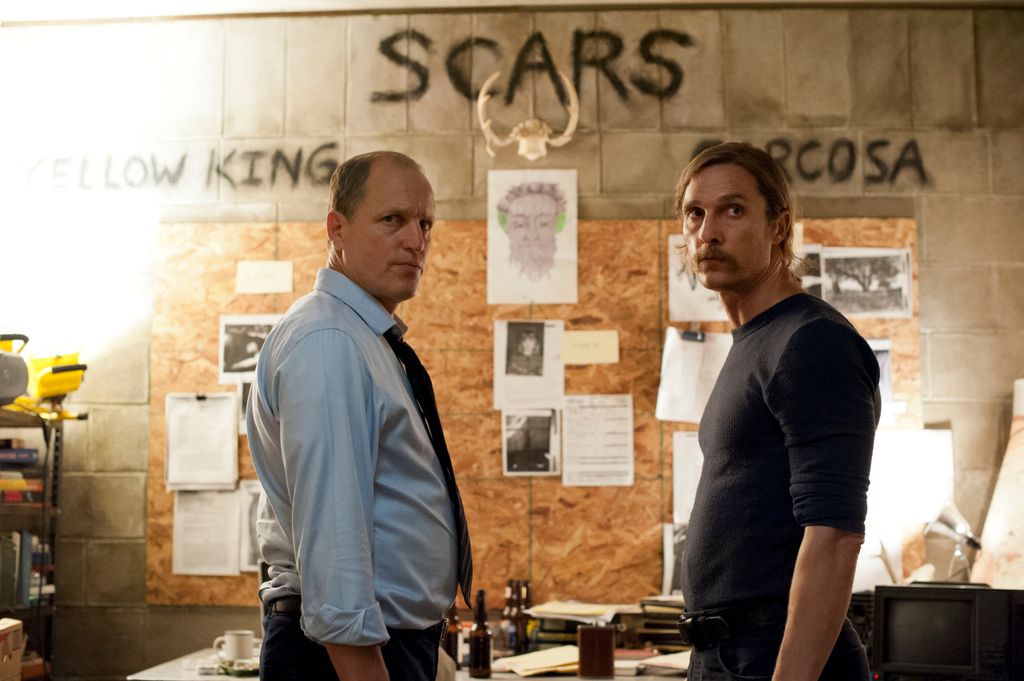 Woody Harrelson as Martin Hart; Matthew McConaughey as Rusty Cohle in True Detective season one
