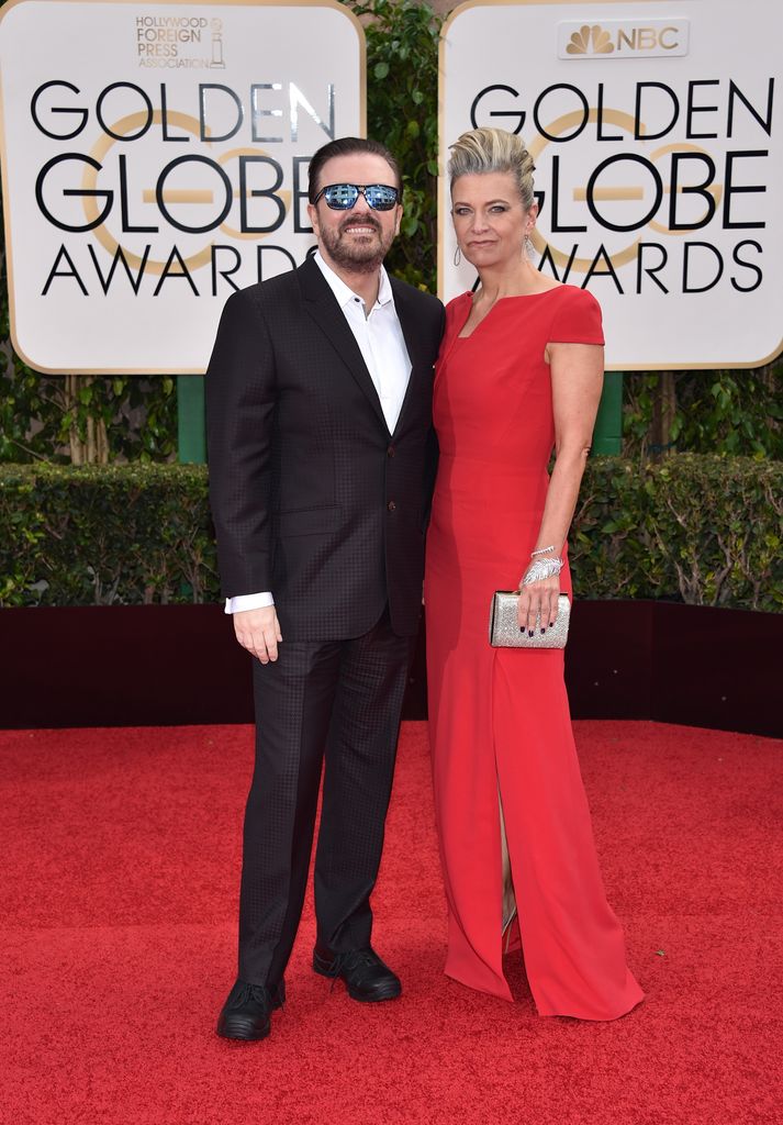 Host Ricky Gervais (L) and Jane Fallon attend the 73rd Annual Golden Globe Awards held at the Beverly Hilton Hotel on January 10, 2016 in Beverly Hills, California.