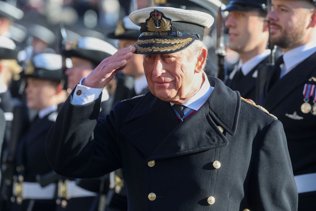 King Charles III, The Lord High Admiral, salutes during a visit to The Lord High Admiral's Divisions at Britannia Royal Naval College on December 19, 2025
