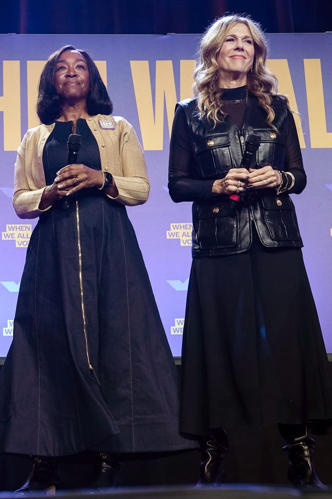 When We All Vote co-chairs Shonda Rhimes and Rita Wilson seen onstage at a When We All Vote rally