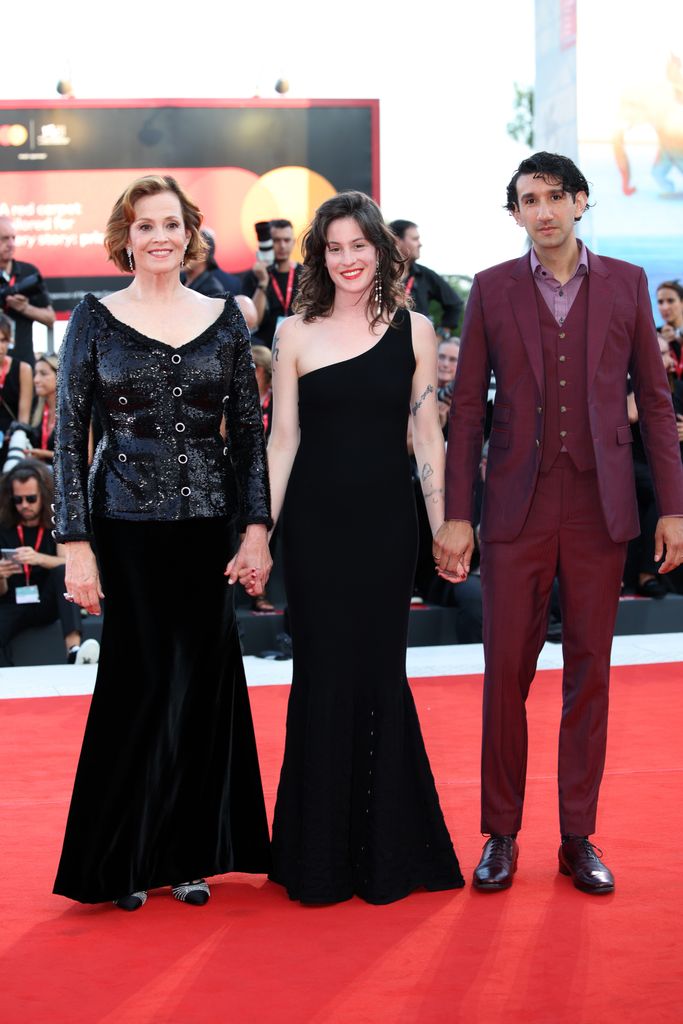 (L-R) Sigourney Weaver, Shar Simpson, and Nemo Allen attend a red carpet for the movie "Beetlejuice Beetlejuice" 