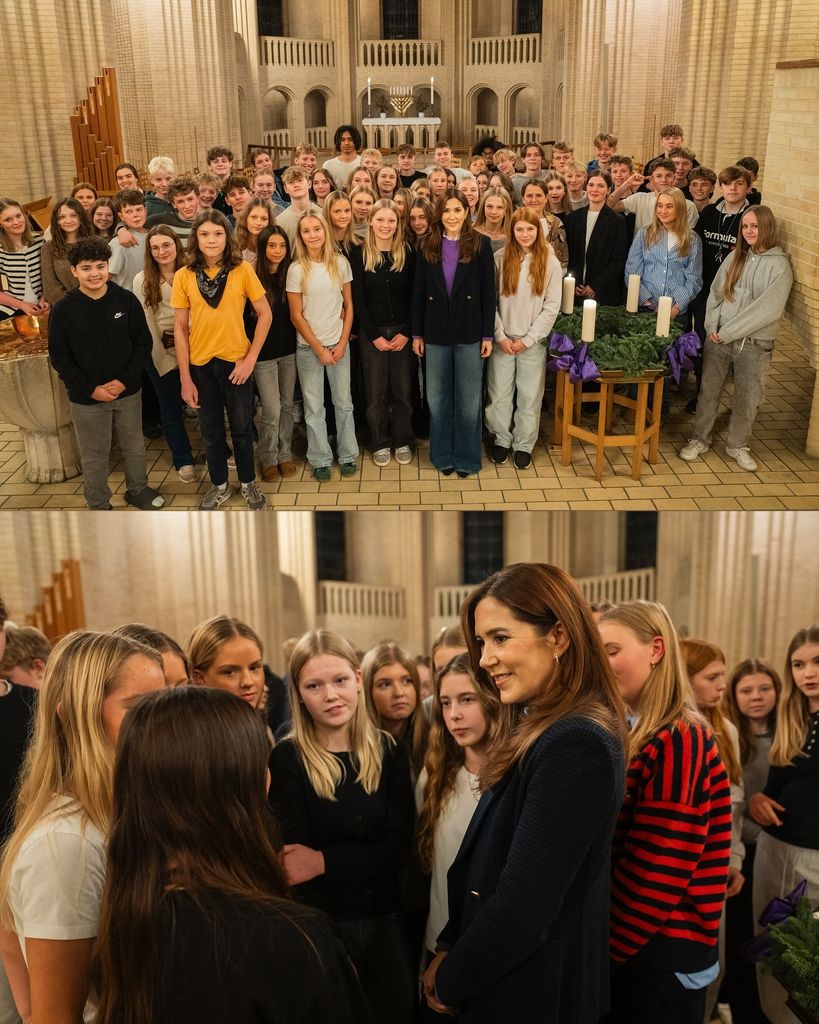 queen mary in two photos talking to young people