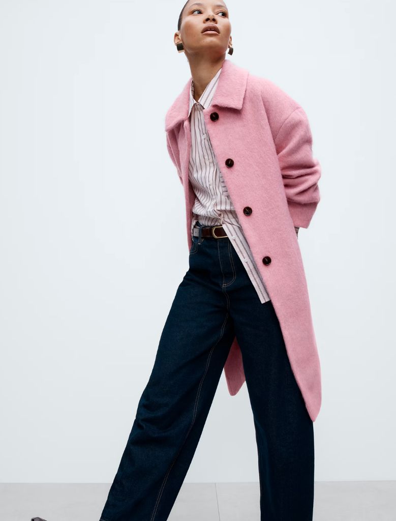 M&S Pink Brushed Collared Longline Car Coat with Wool