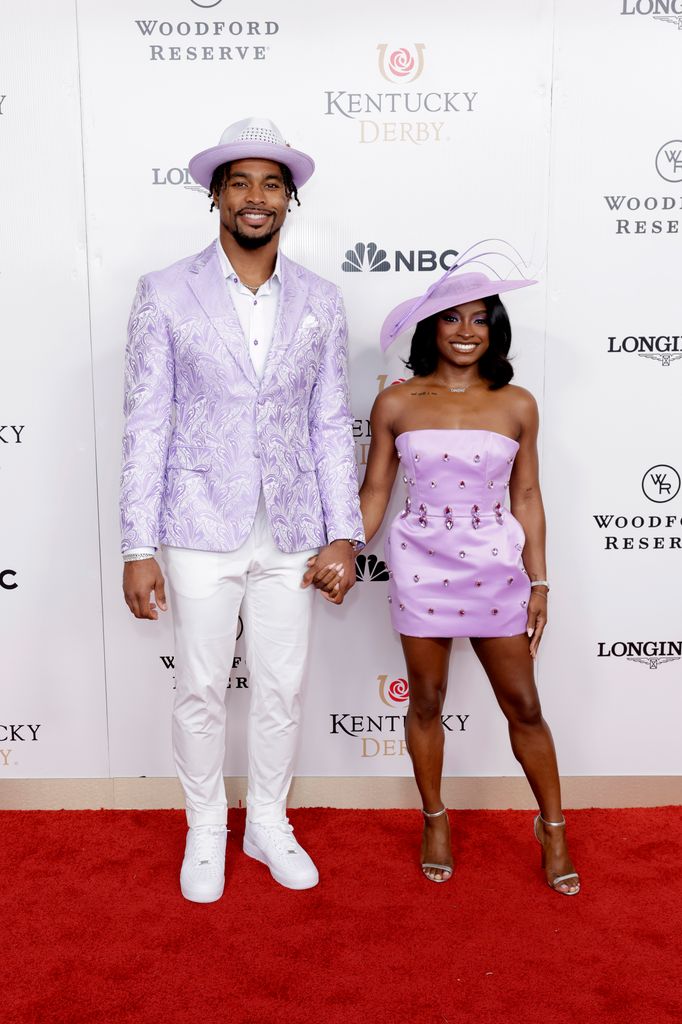 Jonathan Owens and  Simone Biles attend Kentucky Derby 151 at Churchill Downs on May 03, 2025 in Louisville, Kentucky