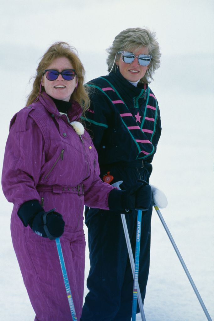 Sarah, Duchess of York and Diana during a holiday at the ski resort of Klosters in 1988