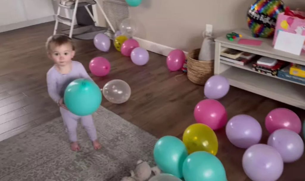 Kaley posted a video of little Matilda gleefully walking around their living room, clutching a balloon