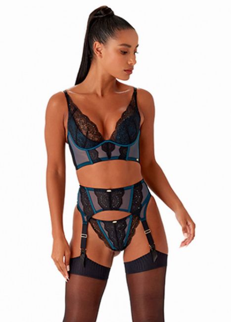 a model wears lace lace and teal lingerie