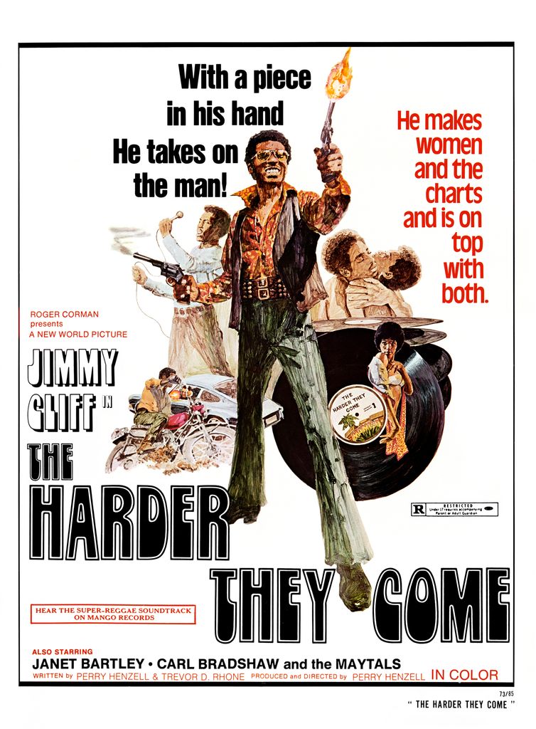 One sheet movie poster advertises the Reggae crime film 'The Harder They Come' (New World Pictures), starring Jimmy Cliff, 1972.