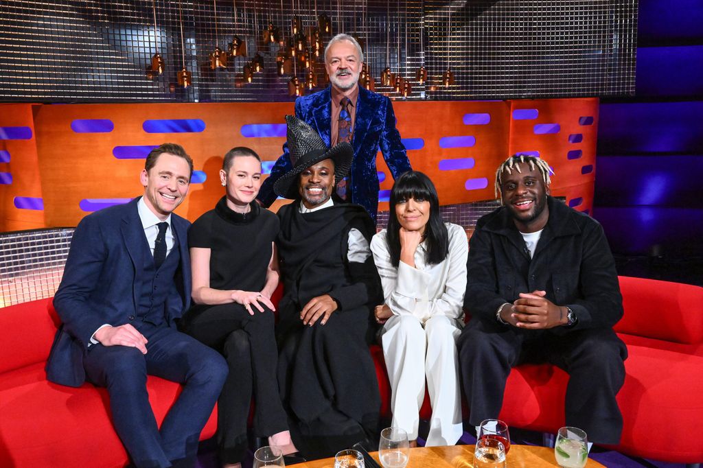 Claudia Winkleman with Graham Norton, Tom Hiddleston, Brie Larson, Billy Porter and Myles Smith