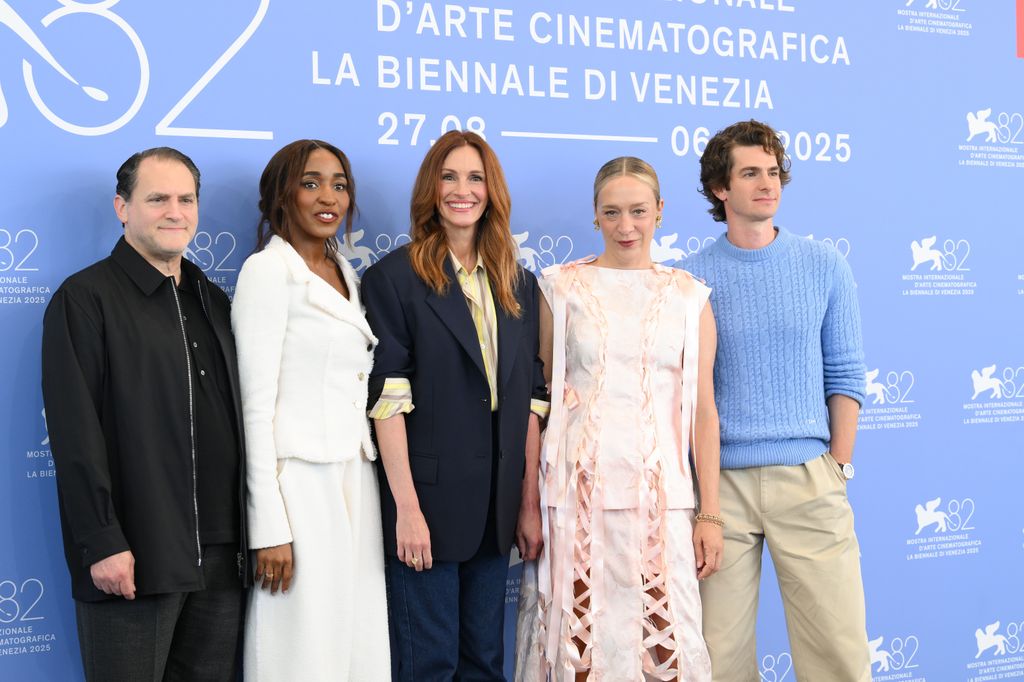 Julia Roberts, Ayo Edebiri, Chloë Sevigny, and Andrew Garfield pose together at the 82 Venice International Film Festival 2025