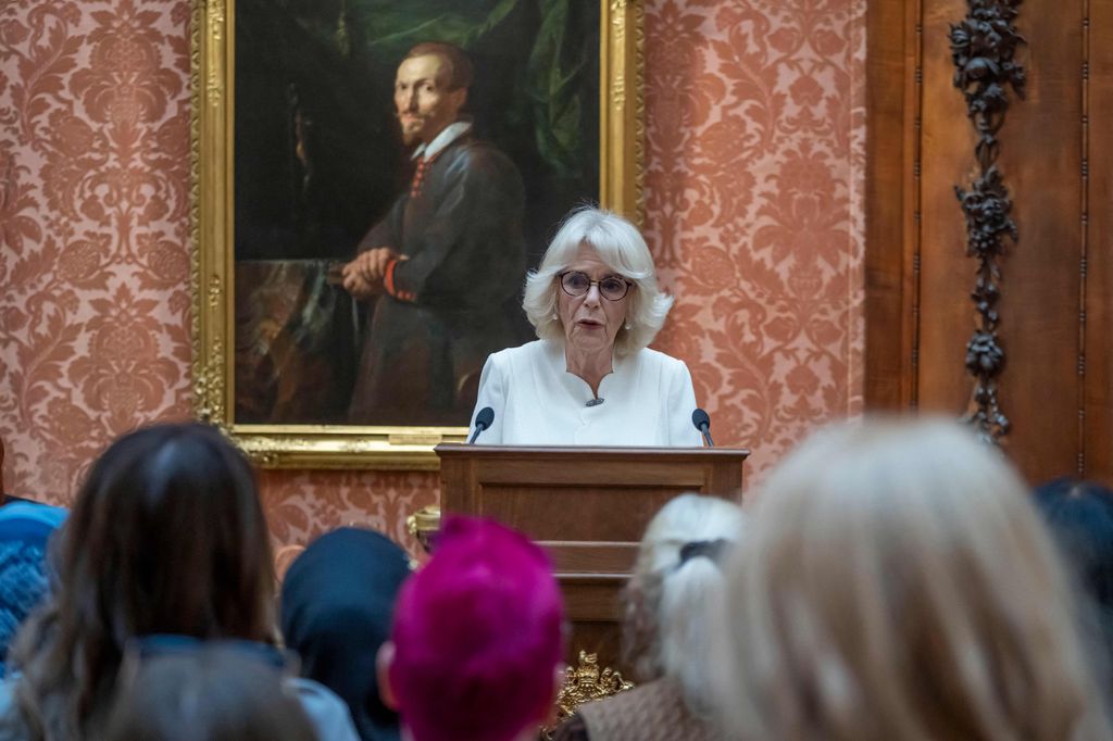 Camilla delivering a speech to raise awareness of violence against women and girls as part of a UN event 