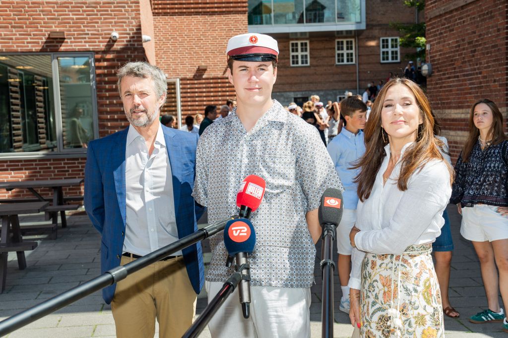 Crown Prince Christian, King Frederik X and Queen Mary meet the press as The Crown Prince Christian of Denmark attends his Graduation Ceremony at Ordrup Gymnasium 