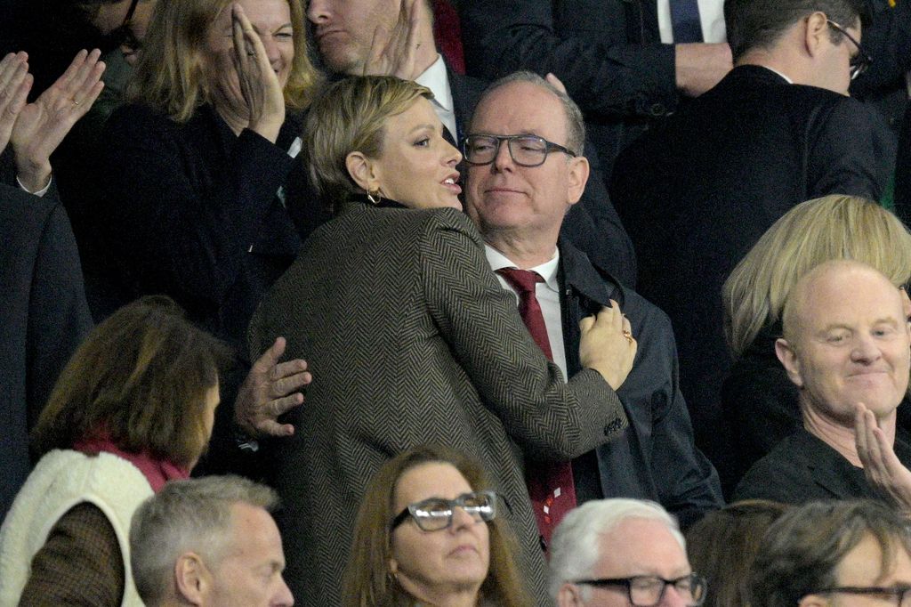Charlene, Princess of Monaco celebrates South Africa victory with her husband Prince Albert II of Monaco at the Rugby World Cup Final match between New Zealand and South Africa at Stade de France on October 28, 2023 in Paris, France. 