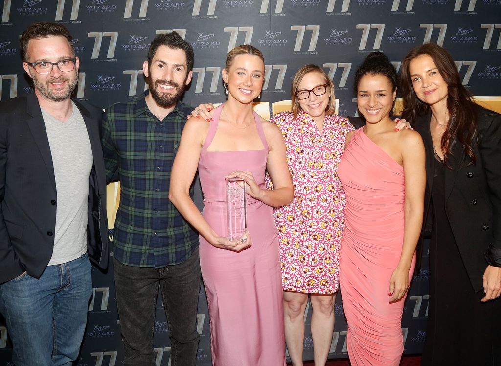 Eddie Kaye Thomas, Dave Klasko, Lucy Freyer, Anna Ziegler, Sarah Cooper and Katie Holmes pose during the 77th Annual Theatre World Awards at The Circle in the Square Theatre on June 5, 2023 in New York City