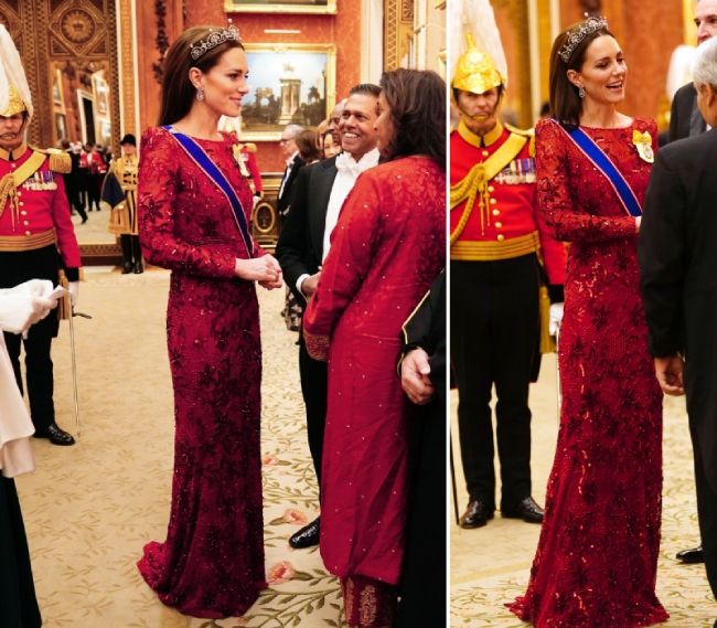 Kate Middleton in Jenny Packham gown at Buckingham Palace