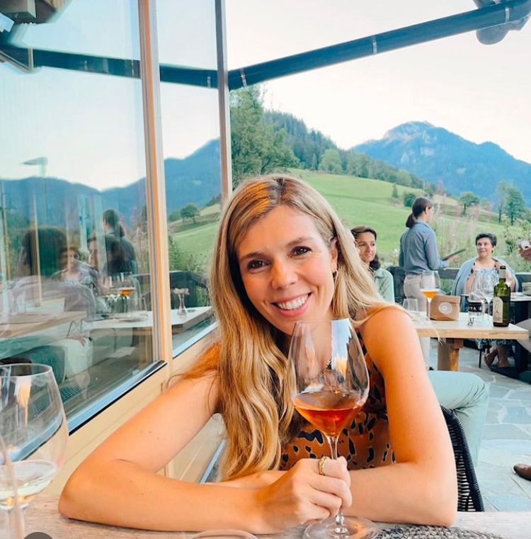 Carrie Johnson enjoying a glass of wine in Slovenia