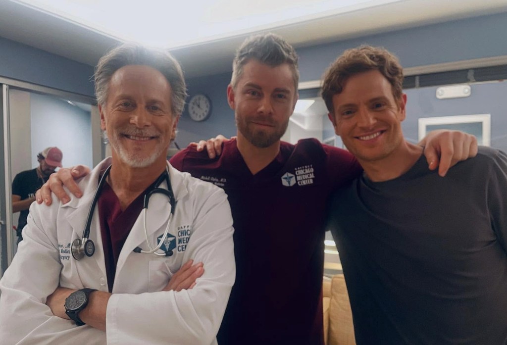 Photo shared by Luke Mitchell featuring Nick Gehlfuss back on the Chicago Med set as Will Halstead