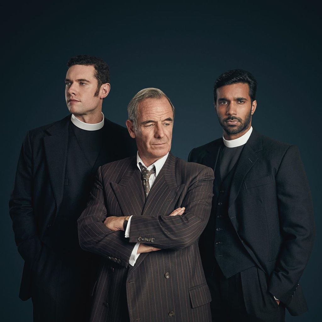 Tom Brittney, Robson Green and Rishi Nair in Grantchester