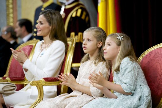 King Felipe VI of Spain, Queen Letizia of Spain and daughters Princess  Sofia and Princess Leonor, Princess of Asturias at the Congress of Deputies  during the Kings first speech to make his