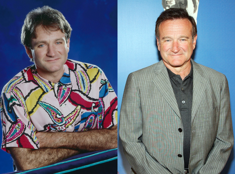 Image partagée de Robin Williams en tant que jeune homme vêtu d'une chemise brillante et en tant qu'homme adulte en 2013. 