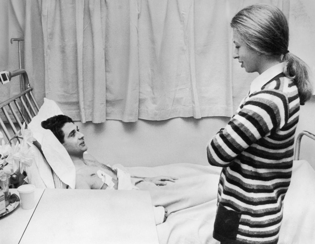 Princess Anne visiting her bodyguard, Inspector James Beaton, at Westminster Hospital in London where he is recovering from gunshot wounds sustained during the attempt to kidnap the Princess in the Mall, 25th March 1974. (Photo by Central Press/Hulton Archive/Getty Images)