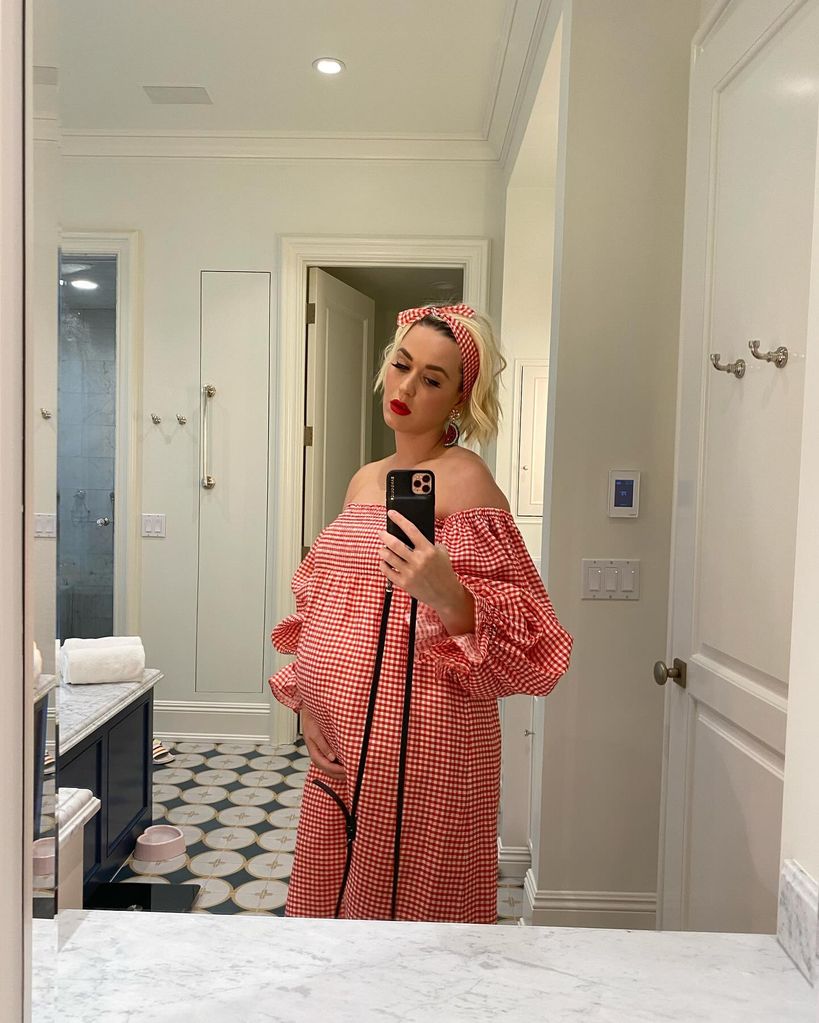 Katy Perry in a gingham dress and headband in a mirror selfie