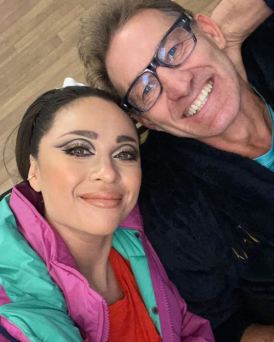Tony and Katya smiling for a selfie following a past Strictly Come Dancing show