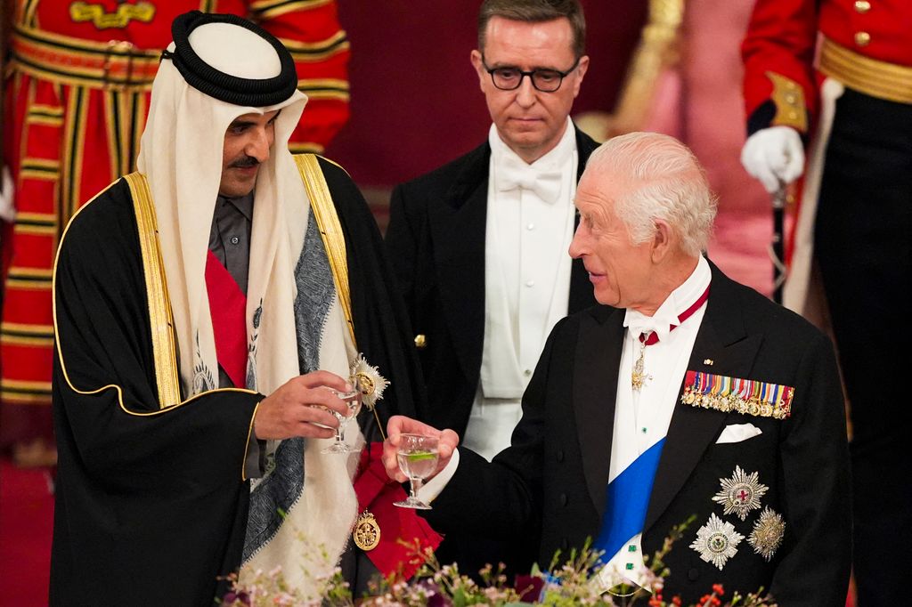 King Charles with the Emir of Qatar during the state banquet 