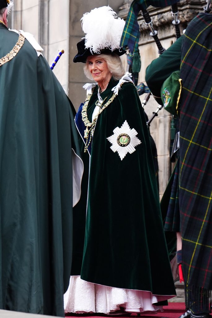 Queen Camilla leaves after the Order of the Thistle Service at St Giles' Cathedral