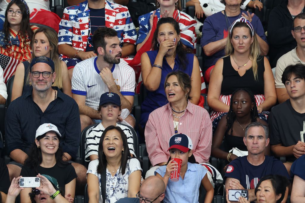 Mariska Hargitay is seen in attendance with her husband Peter Hermann, son August Miklos Friedrich Hermann and daughter Amaya Josephine Hermann on day five of the Olympic Games Paris 2024 at Paris La Defense Arena on July 31, 2024 in Nanterre, France.