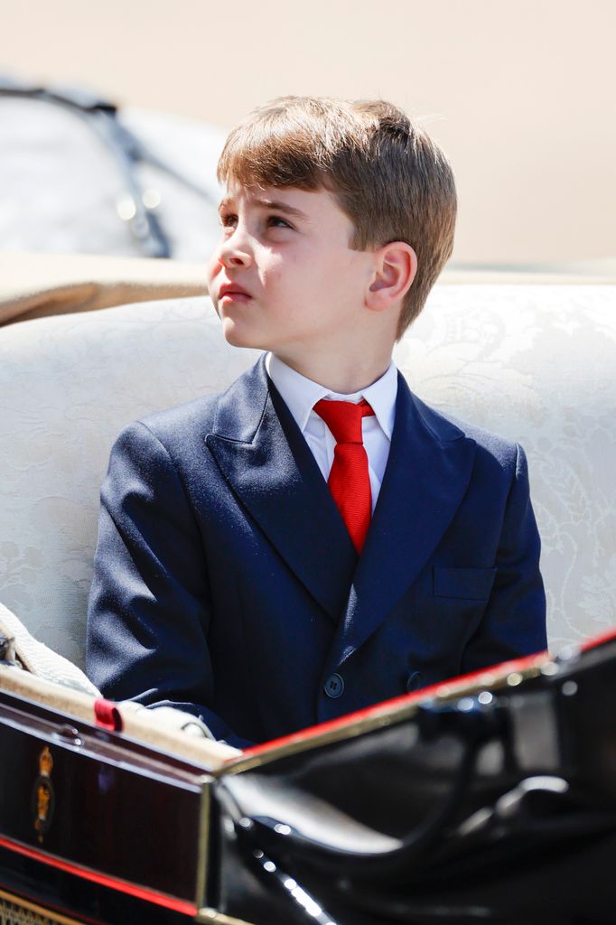 Prince Louis of Wales arrives at Trooping The Colour 2025 at Buckingham Palace on June 14, 2025 in London, England. Trooping The Colour is a ceremonial parade celebrating the official birthday of the British Monarch. The event features over 1,400 soldiers and officers, accompanied by 200 horses. More than 400 musicians from ten different bands and Corps of Drums march and while performing.