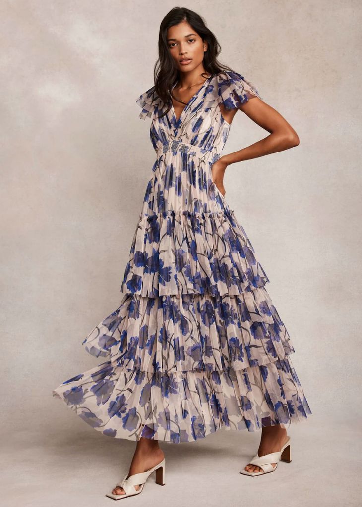 Mint Velvet Neutral Floral Print Tulle Maxi Dress